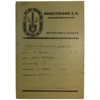 Tarjeta para el miembro de RAD Arbeitsdank. Espenlaub militaria